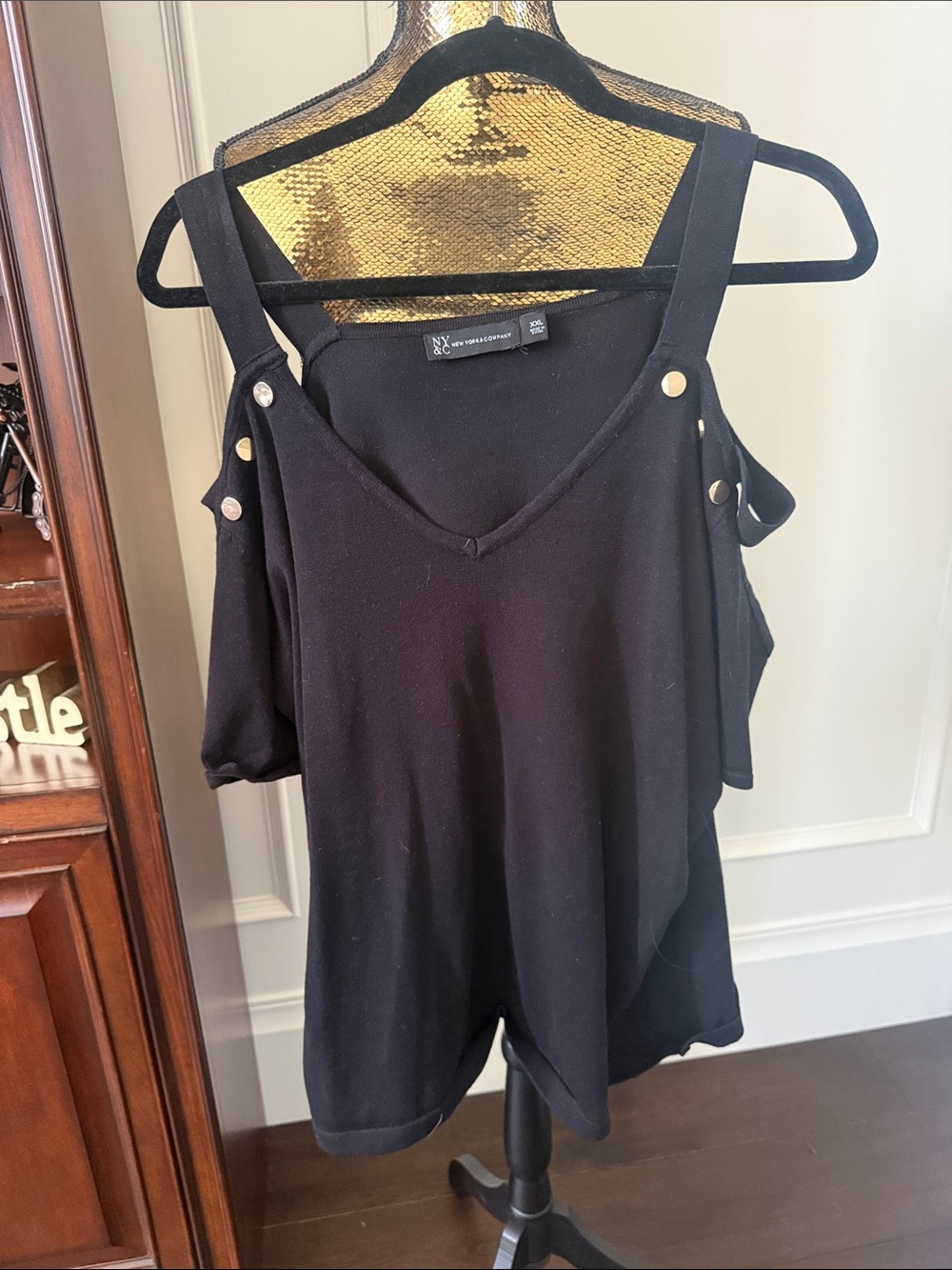 New York & Company Black Cold-Shoulder V-Neck Sweater with Gold Buttons